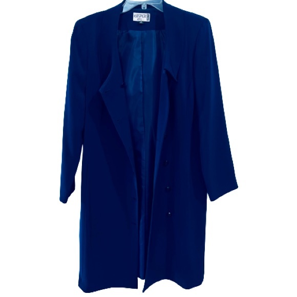 Kasper Coat Style Navy Dress V Neck Button Down Front Criss-Cross Collar Pockets - Picture 3 of 8